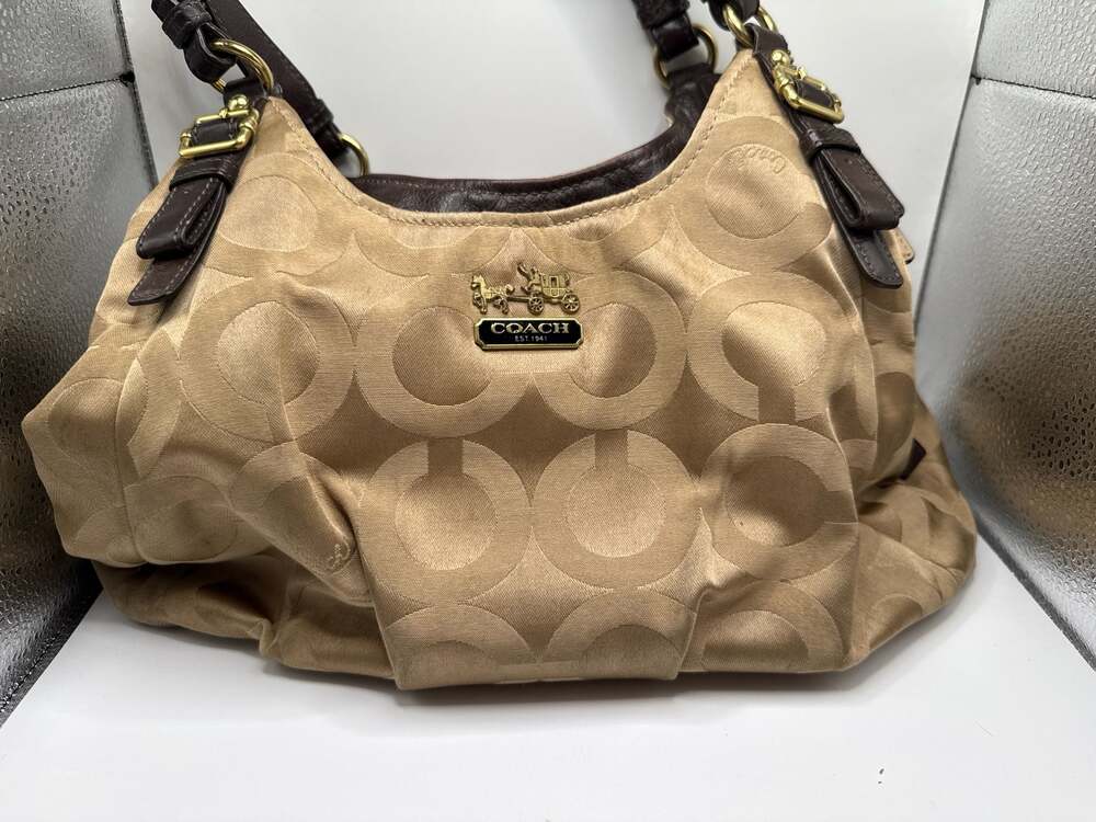 Coach Madison Op Art Sateen Maggie Shoulder Bag Khaki Brown 17689